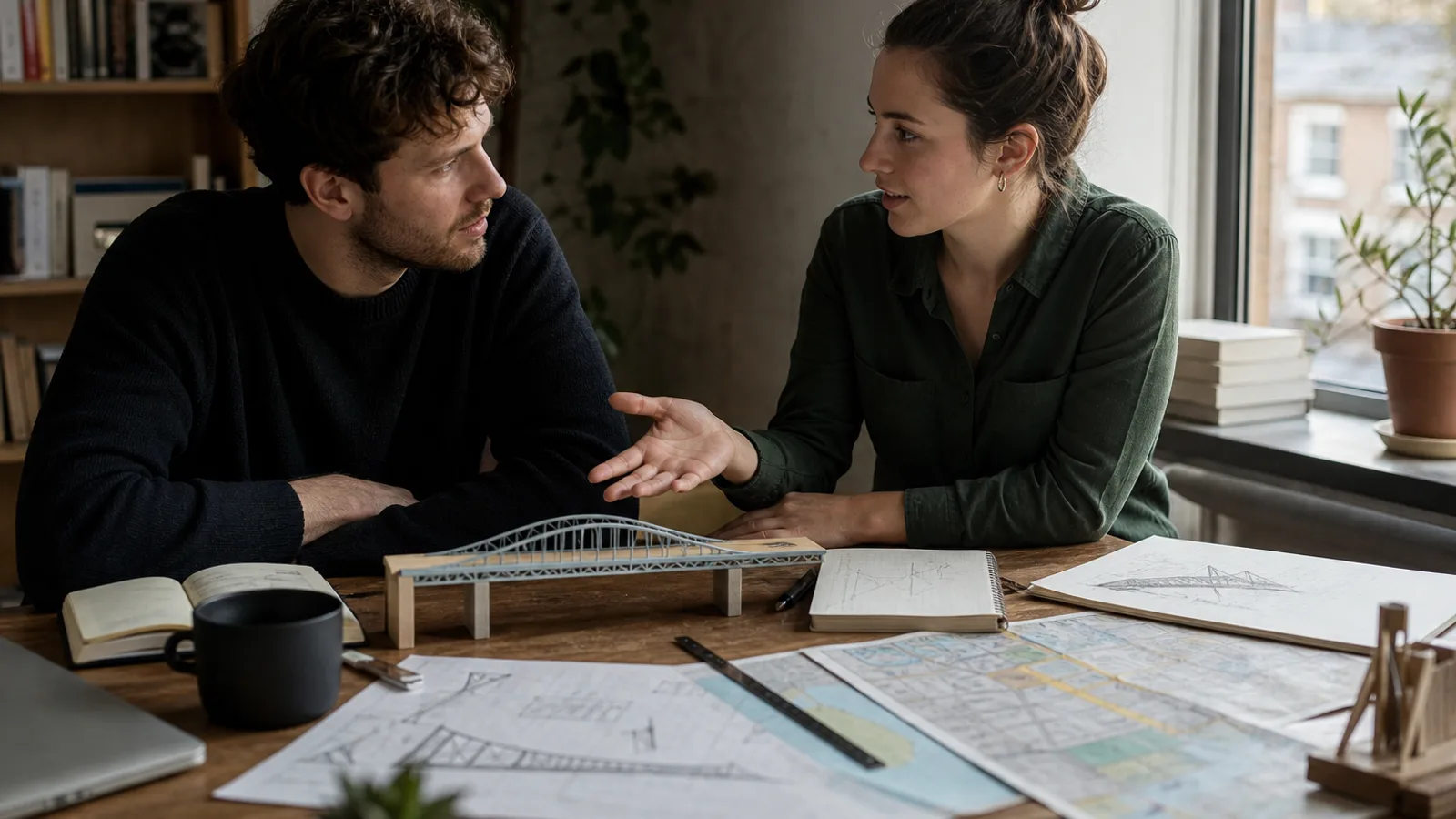 Two people at a table using a simple model and city map to discuss engineering ideas casually