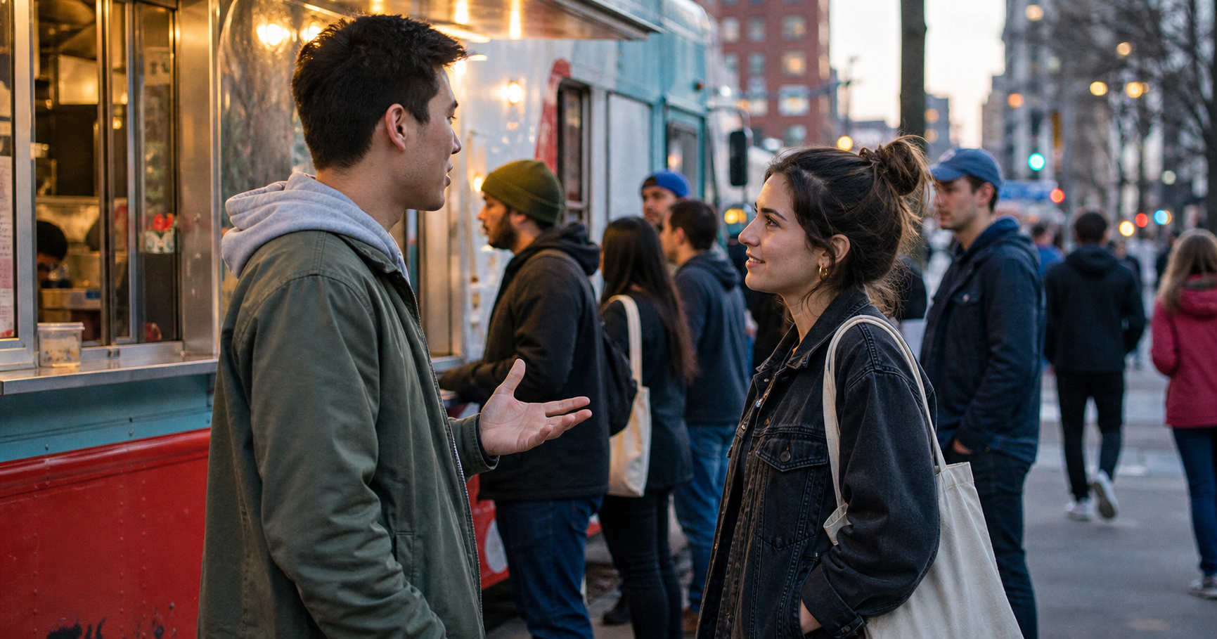 Two people having a casual conversation near a city food truck while waiting in line