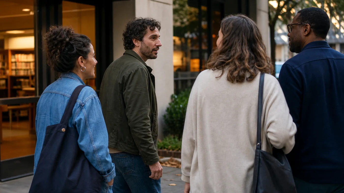 Adults leaving a community class while talking in small groups