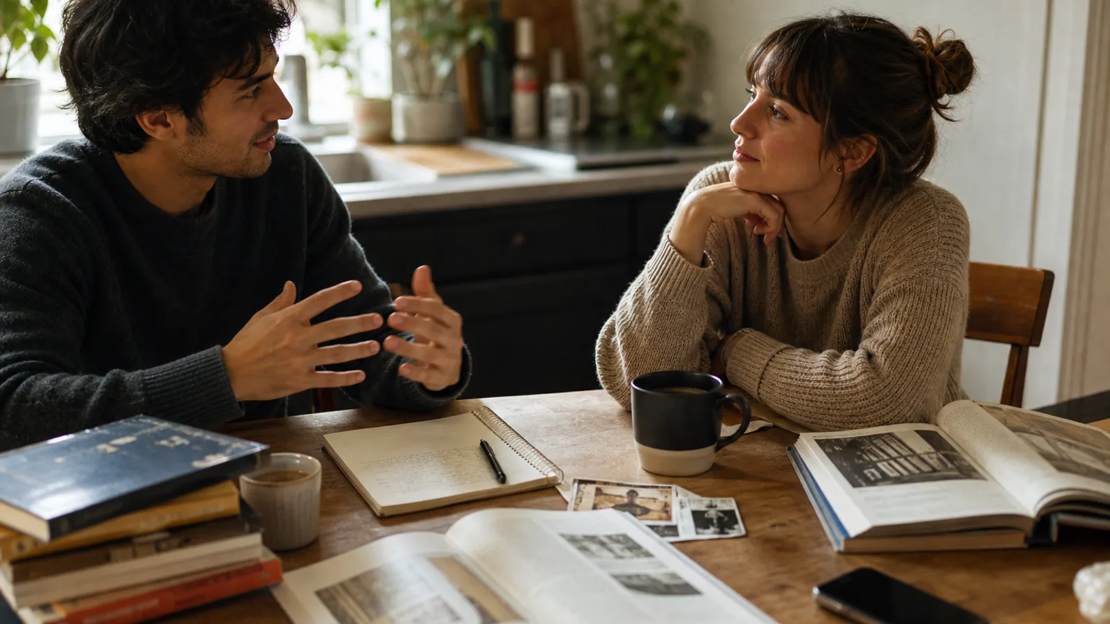 Two people at a kitchen table with books and notes turning small learning into conversation